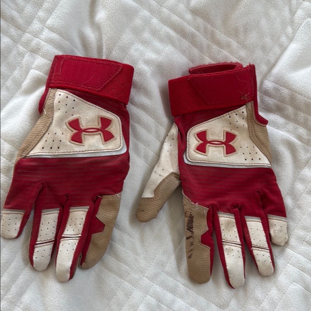 Under Armour Red and Tan batting Gloves